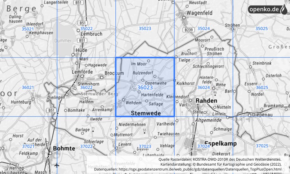 Übersichtskarte KOSTRA-DWD-2010R Rasterfeld Nr. 36023 mit angrenzenden Feldern