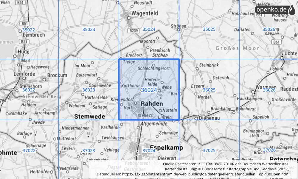 Übersichtskarte KOSTRA-DWD-2010R Rasterfeld Nr. 36024 mit angrenzenden Feldern