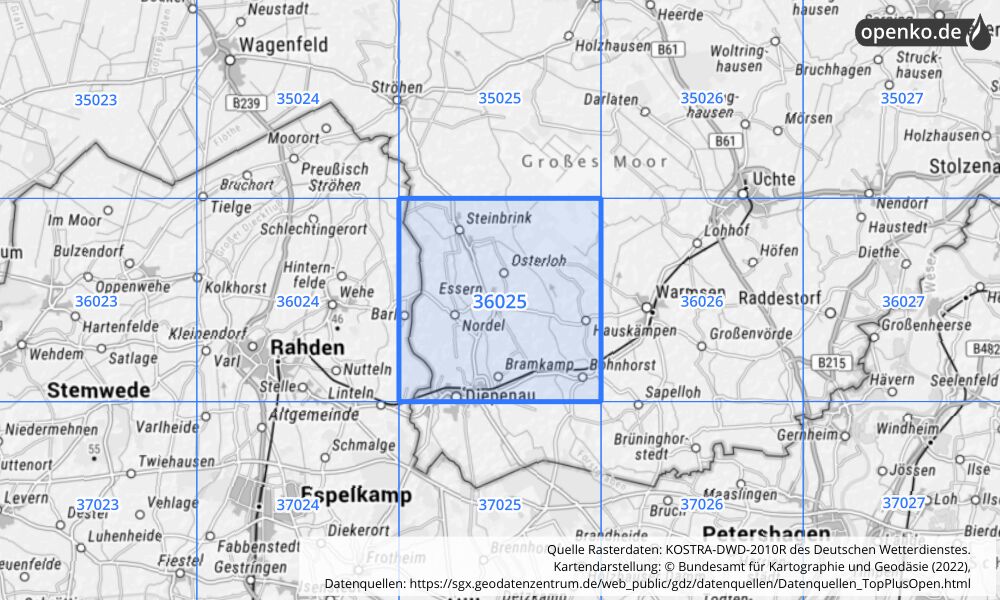 Übersichtskarte KOSTRA-DWD-2010R Rasterfeld Nr. 36025 mit angrenzenden Feldern