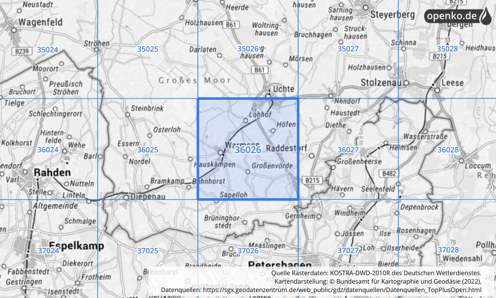 Übersichtskarte KOSTRA-DWD-2010R Rasterfeld Nr. 36026 mit angrenzenden Feldern