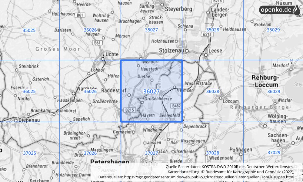 Übersichtskarte KOSTRA-DWD-2010R Rasterfeld Nr. 36027 mit angrenzenden Feldern