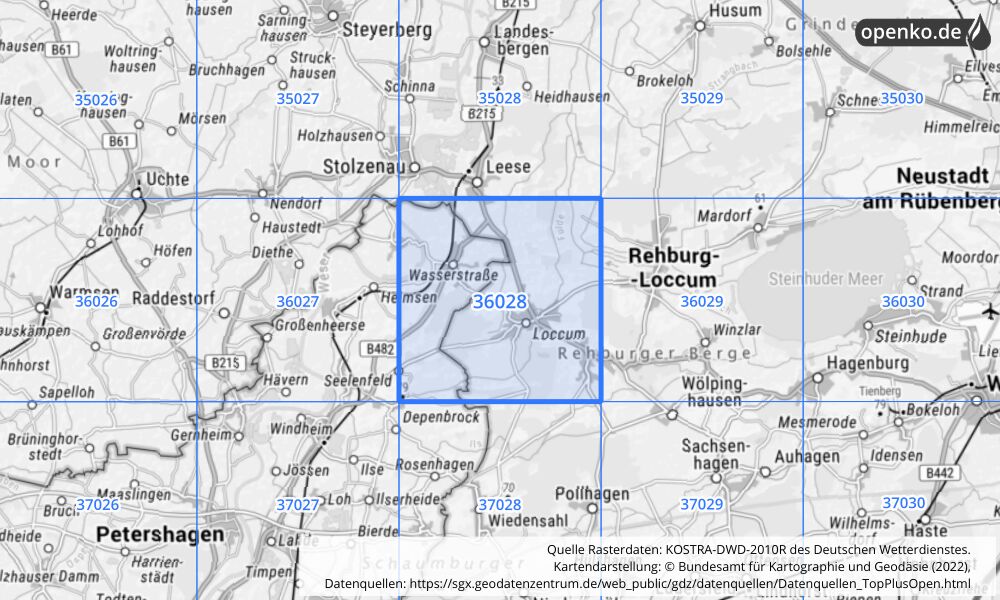 Übersichtskarte KOSTRA-DWD-2010R Rasterfeld Nr. 36028 mit angrenzenden Feldern