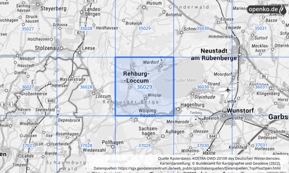 Übersichtskarte KOSTRA-DWD-2010R Rasterfeld Nr. 36029 mit angrenzenden Feldern