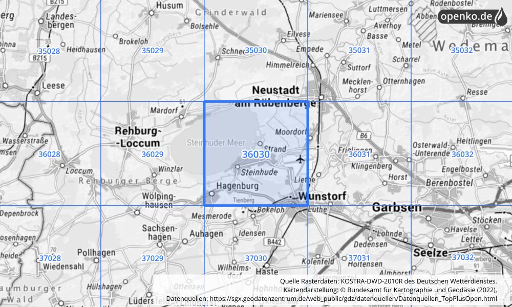 Übersichtskarte KOSTRA-DWD-2010R Rasterfeld Nr. 36030 mit angrenzenden Feldern