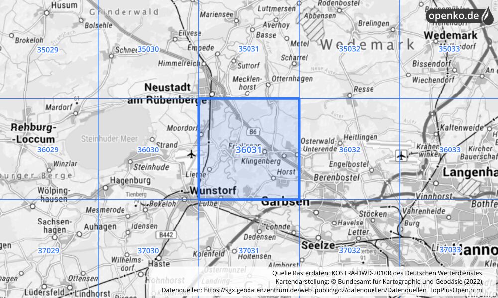 Übersichtskarte KOSTRA-DWD-2010R Rasterfeld Nr. 36031 mit angrenzenden Feldern