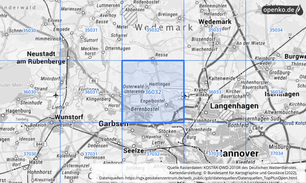 Übersichtskarte KOSTRA-DWD-2010R Rasterfeld Nr. 36032 mit angrenzenden Feldern