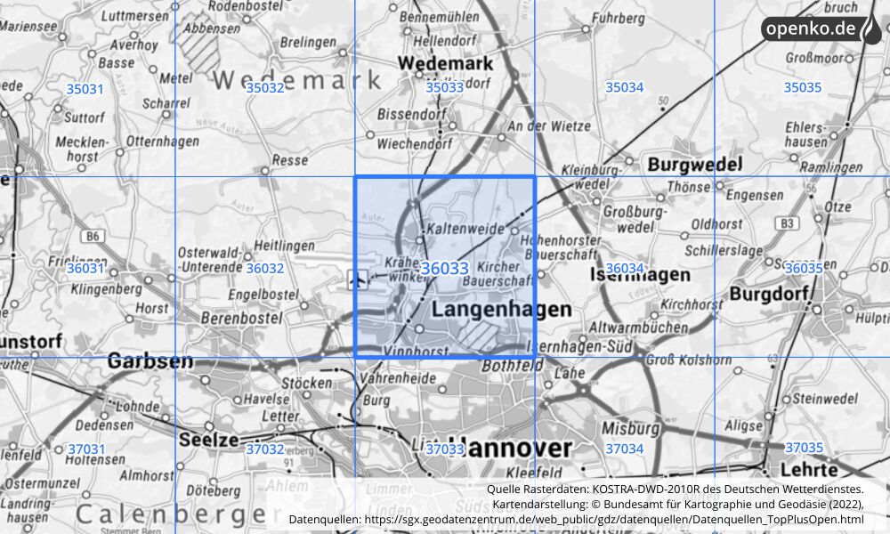 Übersichtskarte KOSTRA-DWD-2010R Rasterfeld Nr. 36033 mit angrenzenden Feldern