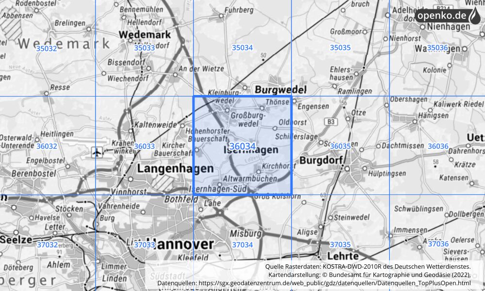 Übersichtskarte KOSTRA-DWD-2010R Rasterfeld Nr. 36034 mit angrenzenden Feldern