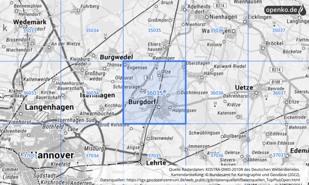 Übersichtskarte KOSTRA-DWD-2010R Rasterfeld Nr. 36035 mit angrenzenden Feldern