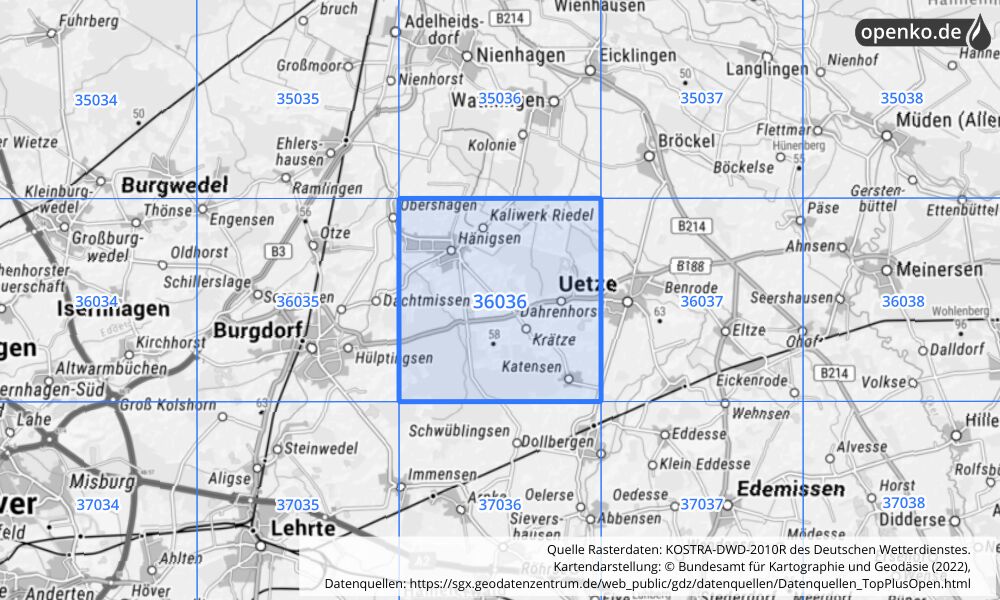 Übersichtskarte KOSTRA-DWD-2010R Rasterfeld Nr. 36036 mit angrenzenden Feldern