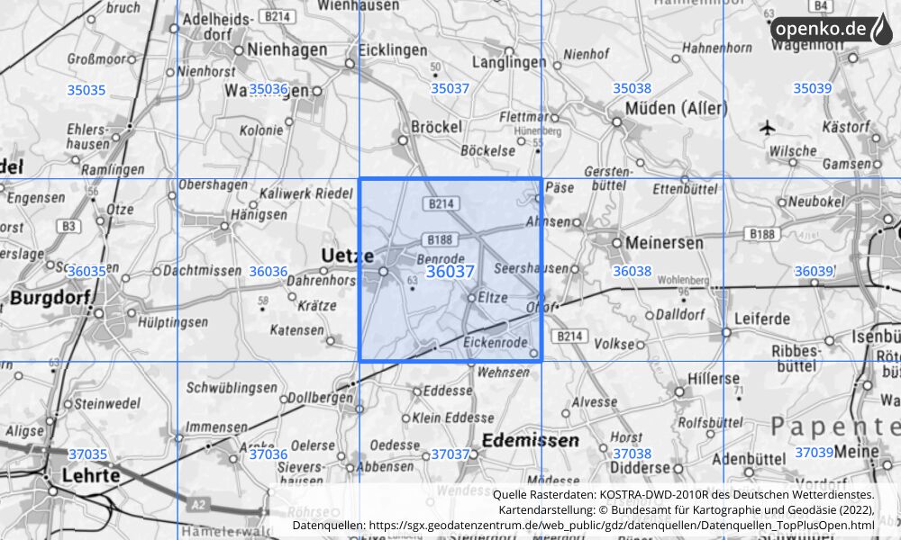 Übersichtskarte KOSTRA-DWD-2010R Rasterfeld Nr. 36037 mit angrenzenden Feldern