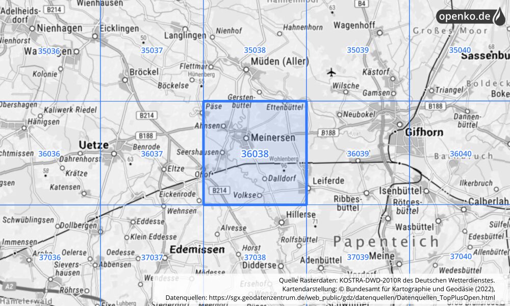 Übersichtskarte KOSTRA-DWD-2010R Rasterfeld Nr. 36038 mit angrenzenden Feldern