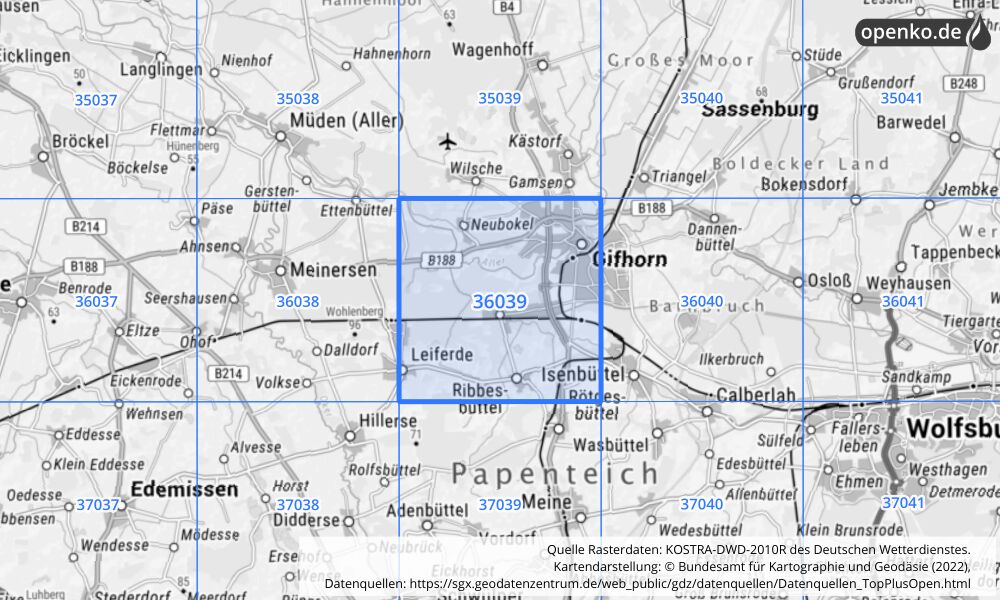 Übersichtskarte KOSTRA-DWD-2010R Rasterfeld Nr. 36039 mit angrenzenden Feldern