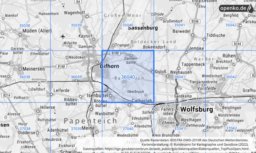 Übersichtskarte KOSTRA-DWD-2010R Rasterfeld Nr. 36040 mit angrenzenden Feldern