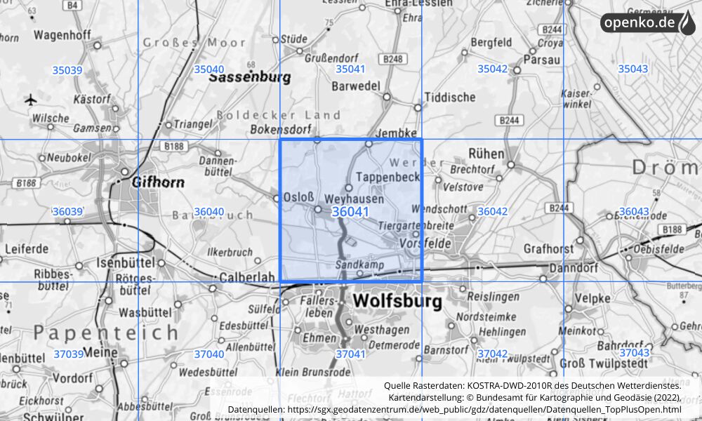 Übersichtskarte KOSTRA-DWD-2010R Rasterfeld Nr. 36041 mit angrenzenden Feldern