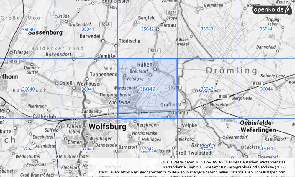 Übersichtskarte KOSTRA-DWD-2010R Rasterfeld Nr. 36042 mit angrenzenden Feldern