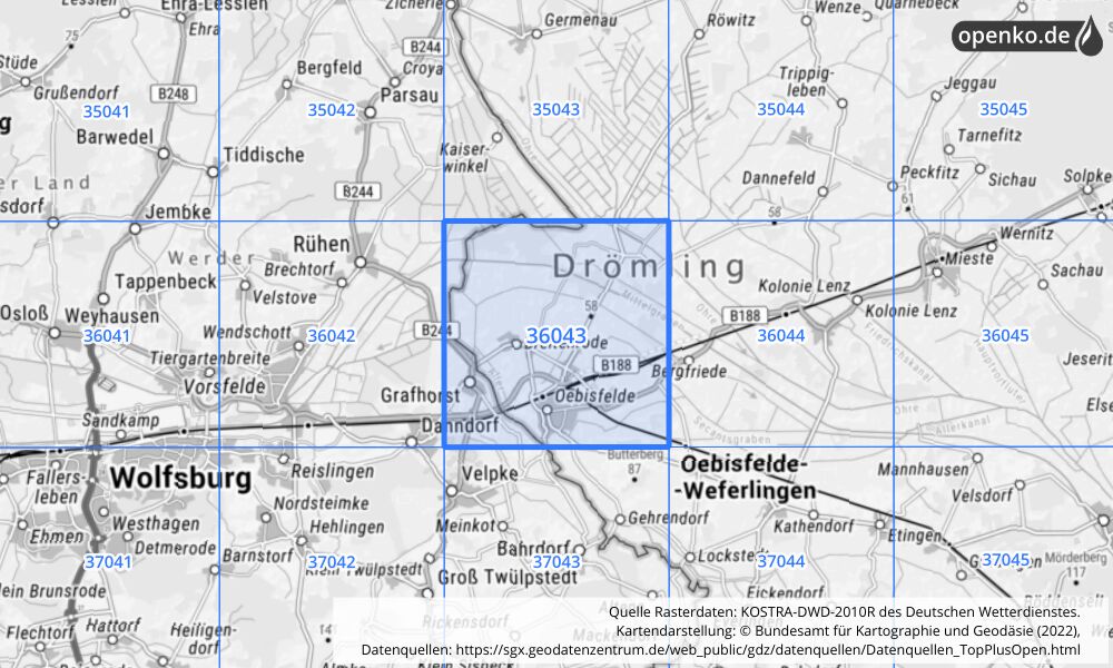 Übersichtskarte KOSTRA-DWD-2010R Rasterfeld Nr. 36043 mit angrenzenden Feldern