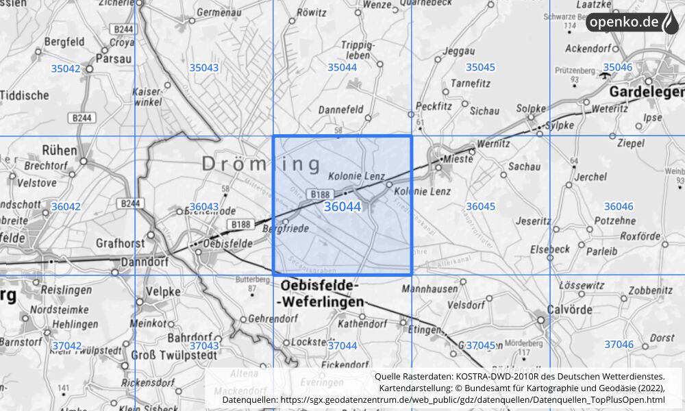 Übersichtskarte KOSTRA-DWD-2010R Rasterfeld Nr. 36044 mit angrenzenden Feldern