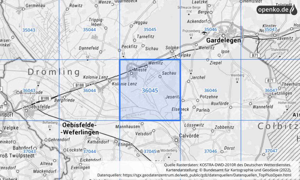 Übersichtskarte KOSTRA-DWD-2010R Rasterfeld Nr. 36045 mit angrenzenden Feldern