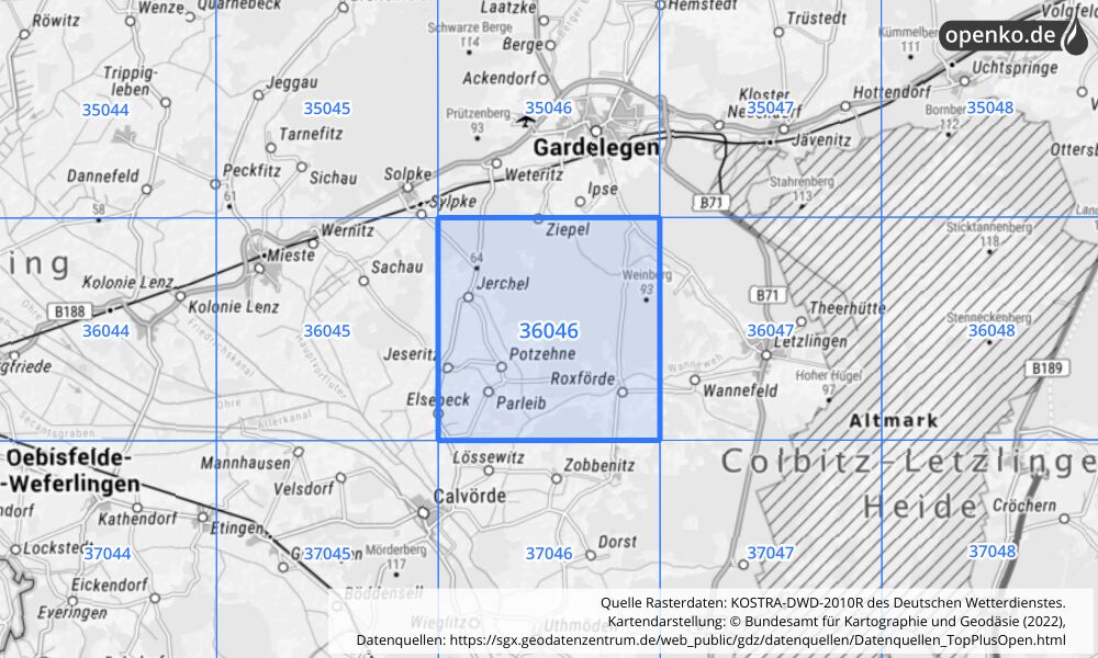 Übersichtskarte KOSTRA-DWD-2010R Rasterfeld Nr. 36046 mit angrenzenden Feldern