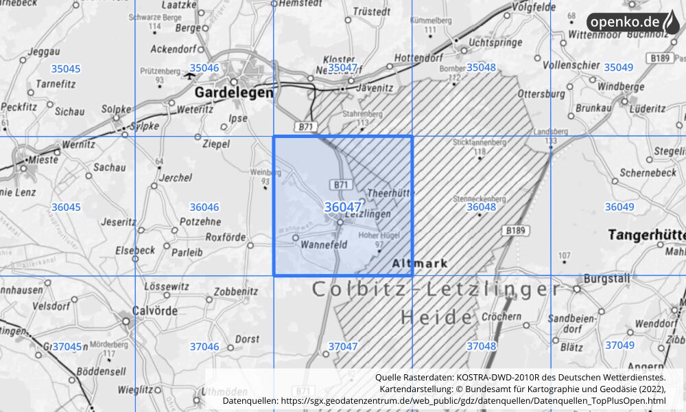 Übersichtskarte KOSTRA-DWD-2010R Rasterfeld Nr. 36047 mit angrenzenden Feldern