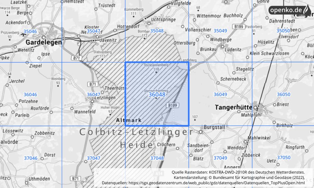 Übersichtskarte KOSTRA-DWD-2010R Rasterfeld Nr. 36048 mit angrenzenden Feldern