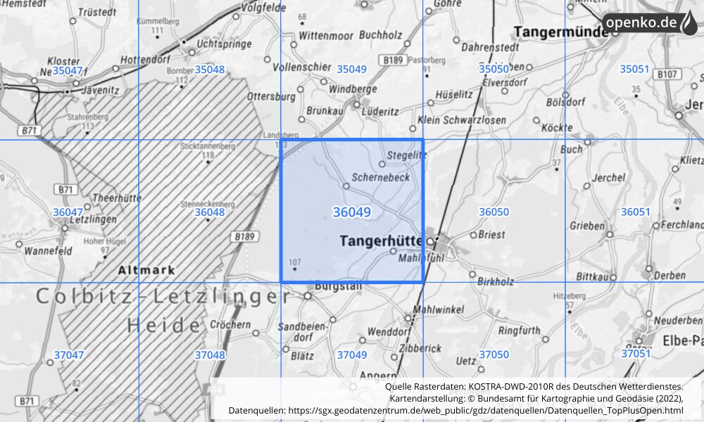 Übersichtskarte KOSTRA-DWD-2010R Rasterfeld Nr. 36049 mit angrenzenden Feldern