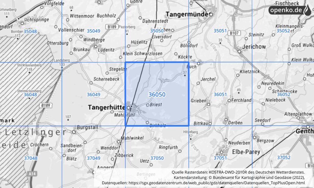 Übersichtskarte KOSTRA-DWD-2010R Rasterfeld Nr. 36050 mit angrenzenden Feldern