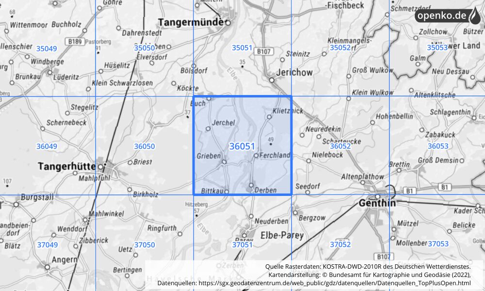 Übersichtskarte KOSTRA-DWD-2010R Rasterfeld Nr. 36051 mit angrenzenden Feldern