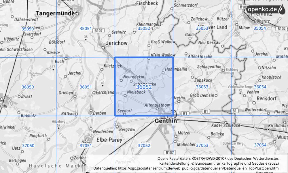 Übersichtskarte KOSTRA-DWD-2010R Rasterfeld Nr. 36052 mit angrenzenden Feldern