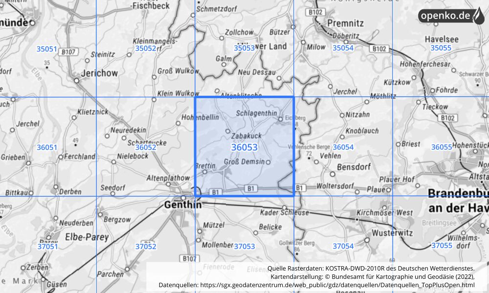 Übersichtskarte KOSTRA-DWD-2010R Rasterfeld Nr. 36053 mit angrenzenden Feldern