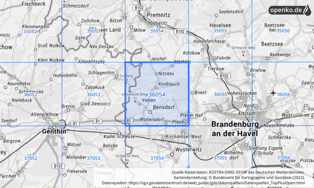 Übersichtskarte KOSTRA-DWD-2010R Rasterfeld Nr. 36054 mit angrenzenden Feldern