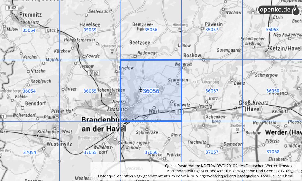 Übersichtskarte KOSTRA-DWD-2010R Rasterfeld Nr. 36056 mit angrenzenden Feldern