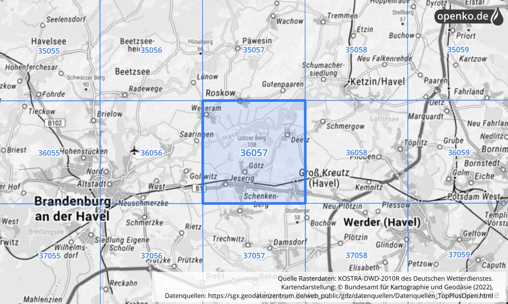 Übersichtskarte KOSTRA-DWD-2010R Rasterfeld Nr. 36057 mit angrenzenden Feldern