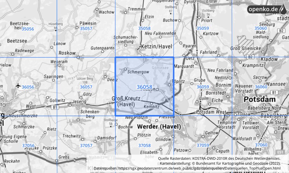 Übersichtskarte KOSTRA-DWD-2010R Rasterfeld Nr. 36058 mit angrenzenden Feldern