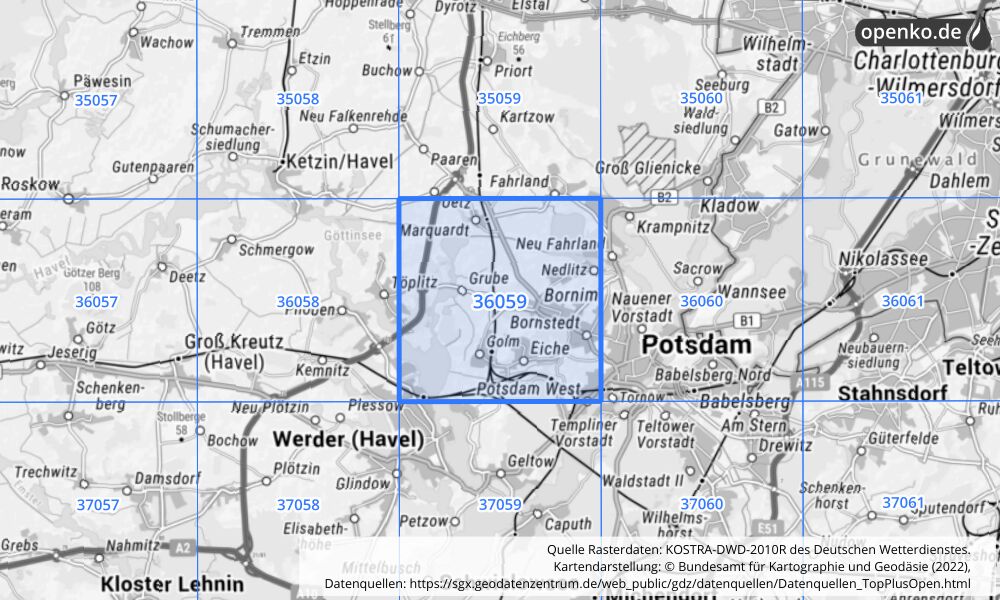 Übersichtskarte KOSTRA-DWD-2010R Rasterfeld Nr. 36059 mit angrenzenden Feldern