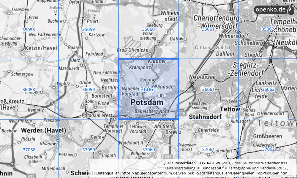 Übersichtskarte KOSTRA-DWD-2010R Rasterfeld Nr. 36060 mit angrenzenden Feldern