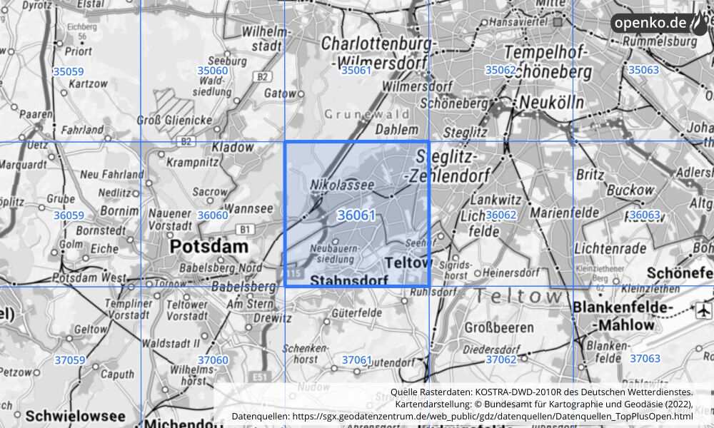 Übersichtskarte KOSTRA-DWD-2010R Rasterfeld Nr. 36061 mit angrenzenden Feldern