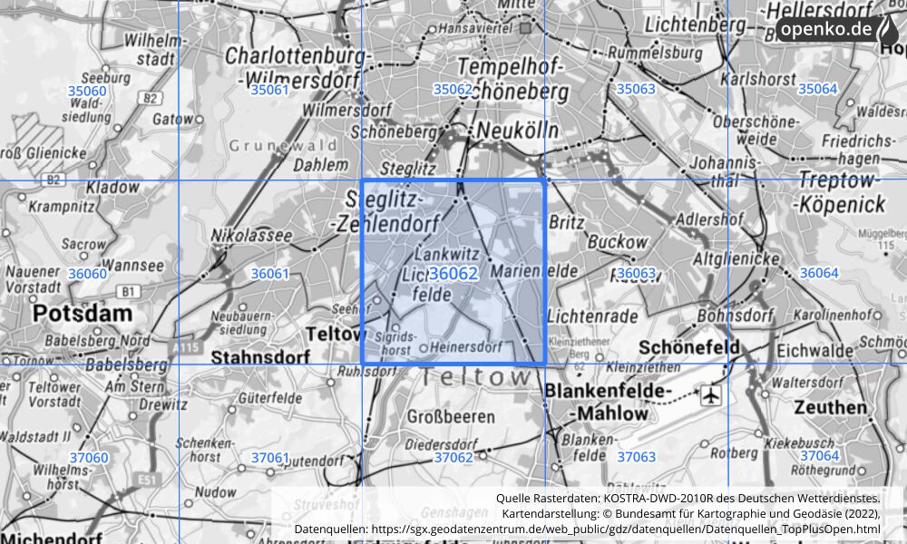 Übersichtskarte KOSTRA-DWD-2010R Rasterfeld Nr. 36062 mit angrenzenden Feldern