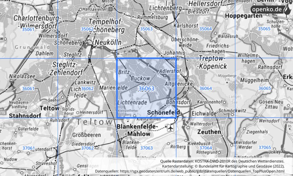 Übersichtskarte KOSTRA-DWD-2010R Rasterfeld Nr. 36063 mit angrenzenden Feldern