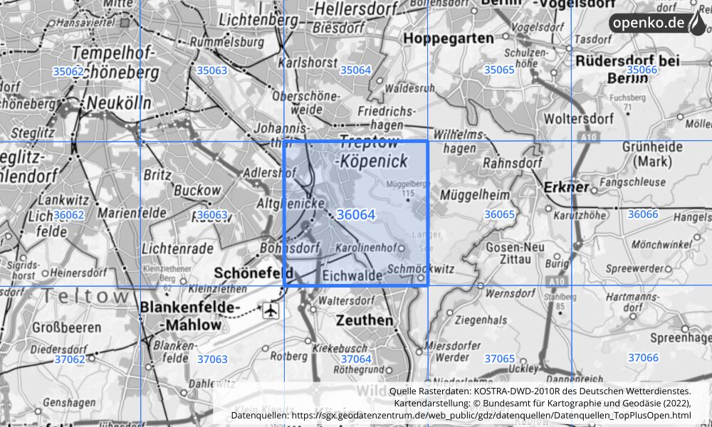 Übersichtskarte KOSTRA-DWD-2010R Rasterfeld Nr. 36064 mit angrenzenden Feldern