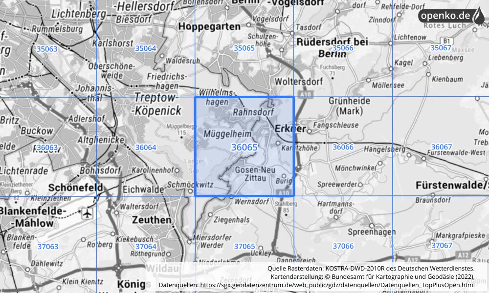 Übersichtskarte KOSTRA-DWD-2010R Rasterfeld Nr. 36065 mit angrenzenden Feldern