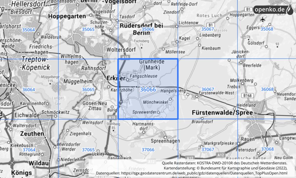 Übersichtskarte KOSTRA-DWD-2010R Rasterfeld Nr. 36066 mit angrenzenden Feldern