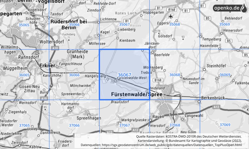 Übersichtskarte KOSTRA-DWD-2010R Rasterfeld Nr. 36067 mit angrenzenden Feldern