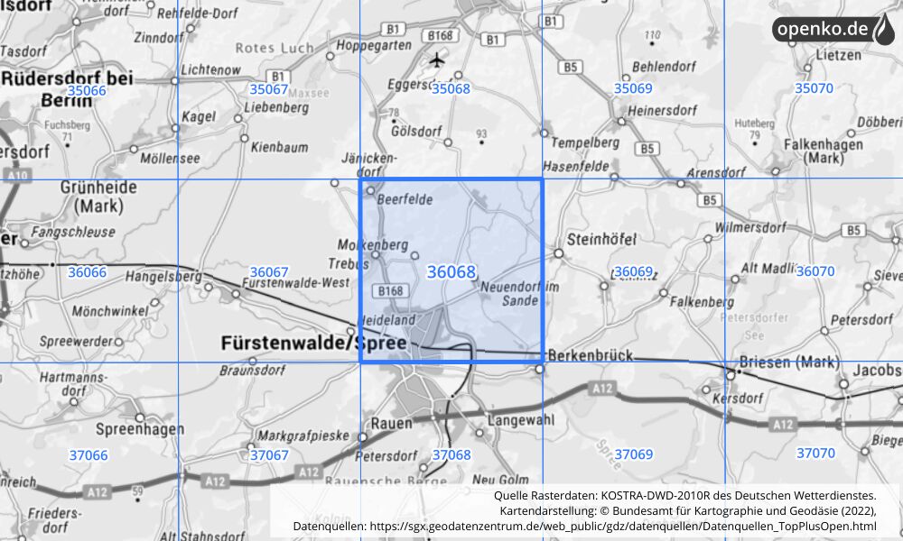 Übersichtskarte KOSTRA-DWD-2010R Rasterfeld Nr. 36068 mit angrenzenden Feldern