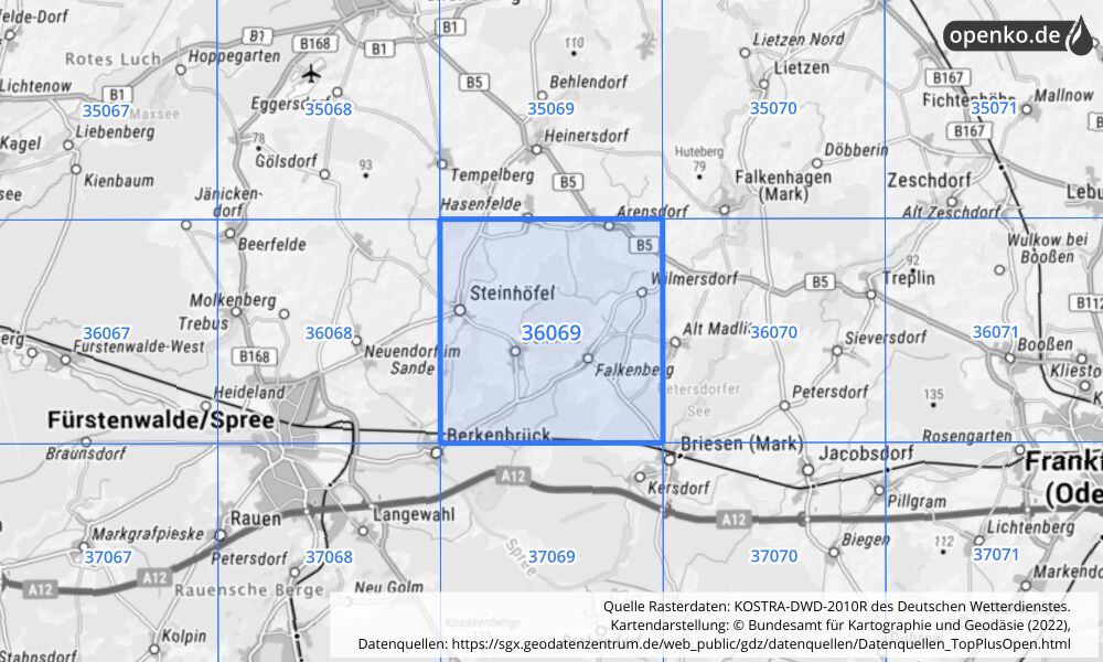 Übersichtskarte KOSTRA-DWD-2010R Rasterfeld Nr. 36069 mit angrenzenden Feldern