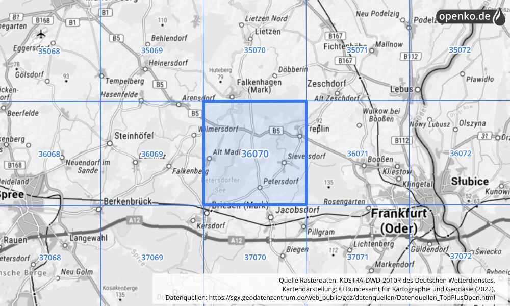 Übersichtskarte KOSTRA-DWD-2010R Rasterfeld Nr. 36070 mit angrenzenden Feldern