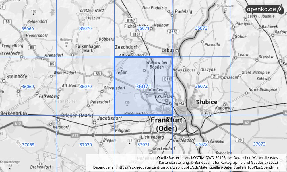 Übersichtskarte KOSTRA-DWD-2010R Rasterfeld Nr. 36071 mit angrenzenden Feldern