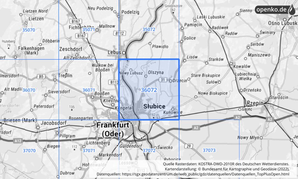 Übersichtskarte KOSTRA-DWD-2010R Rasterfeld Nr. 36072 mit angrenzenden Feldern