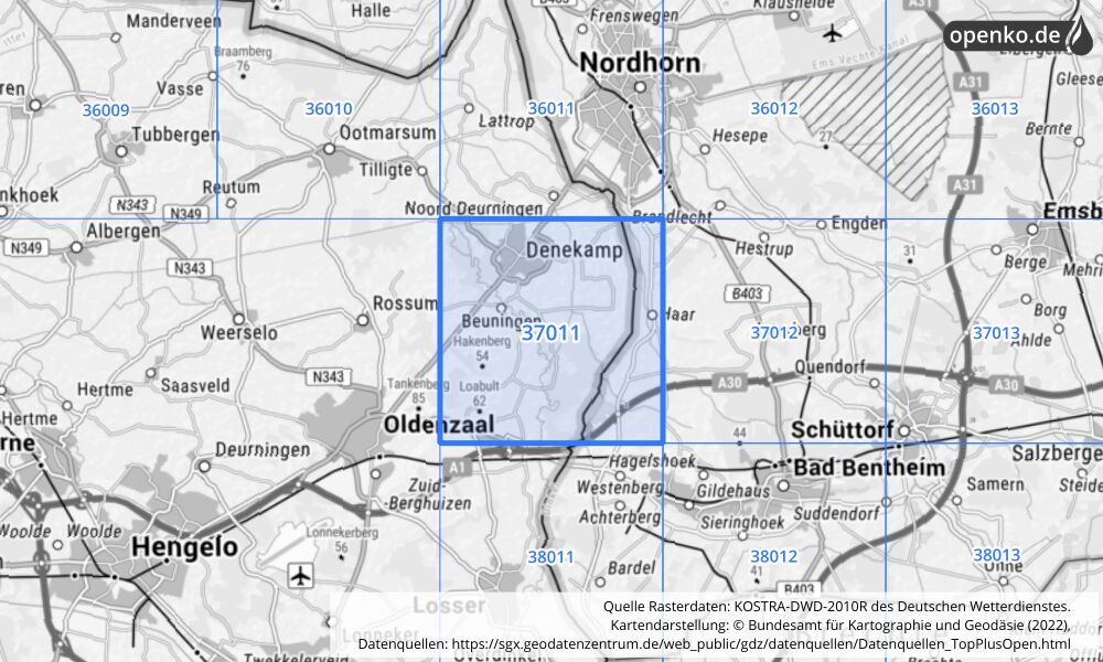 Übersichtskarte KOSTRA-DWD-2010R Rasterfeld Nr. 37011 mit angrenzenden Feldern